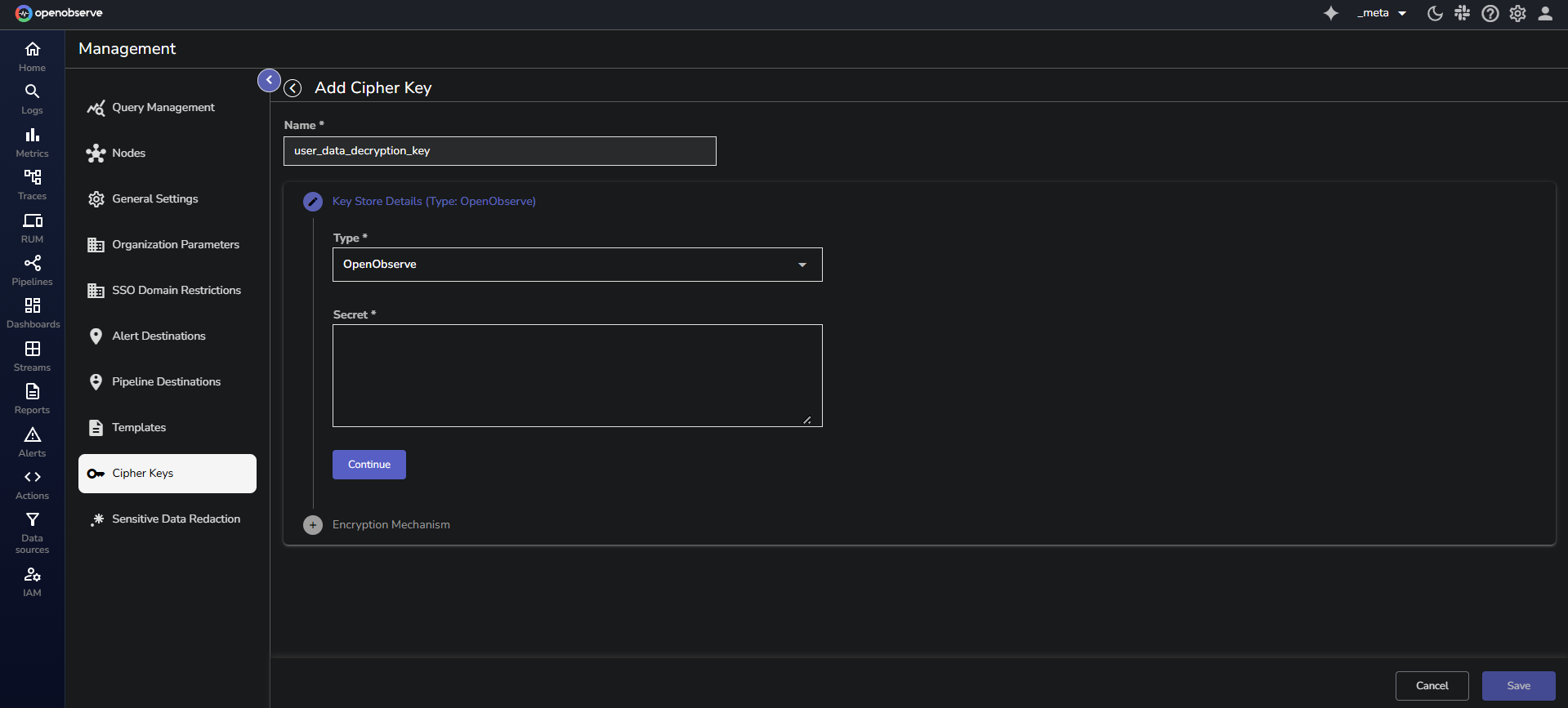 Cipher Key Store Type- Local