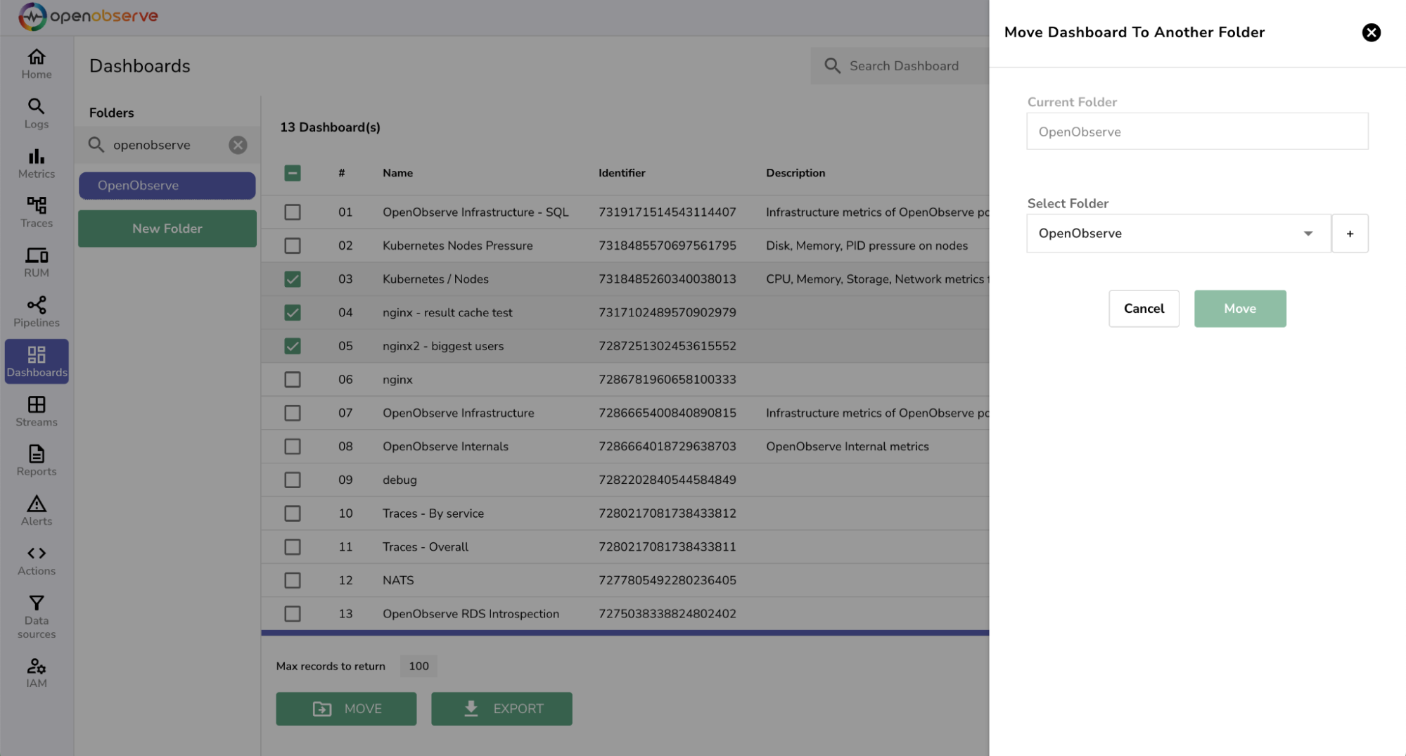 Select folder to move dashboards in bulk