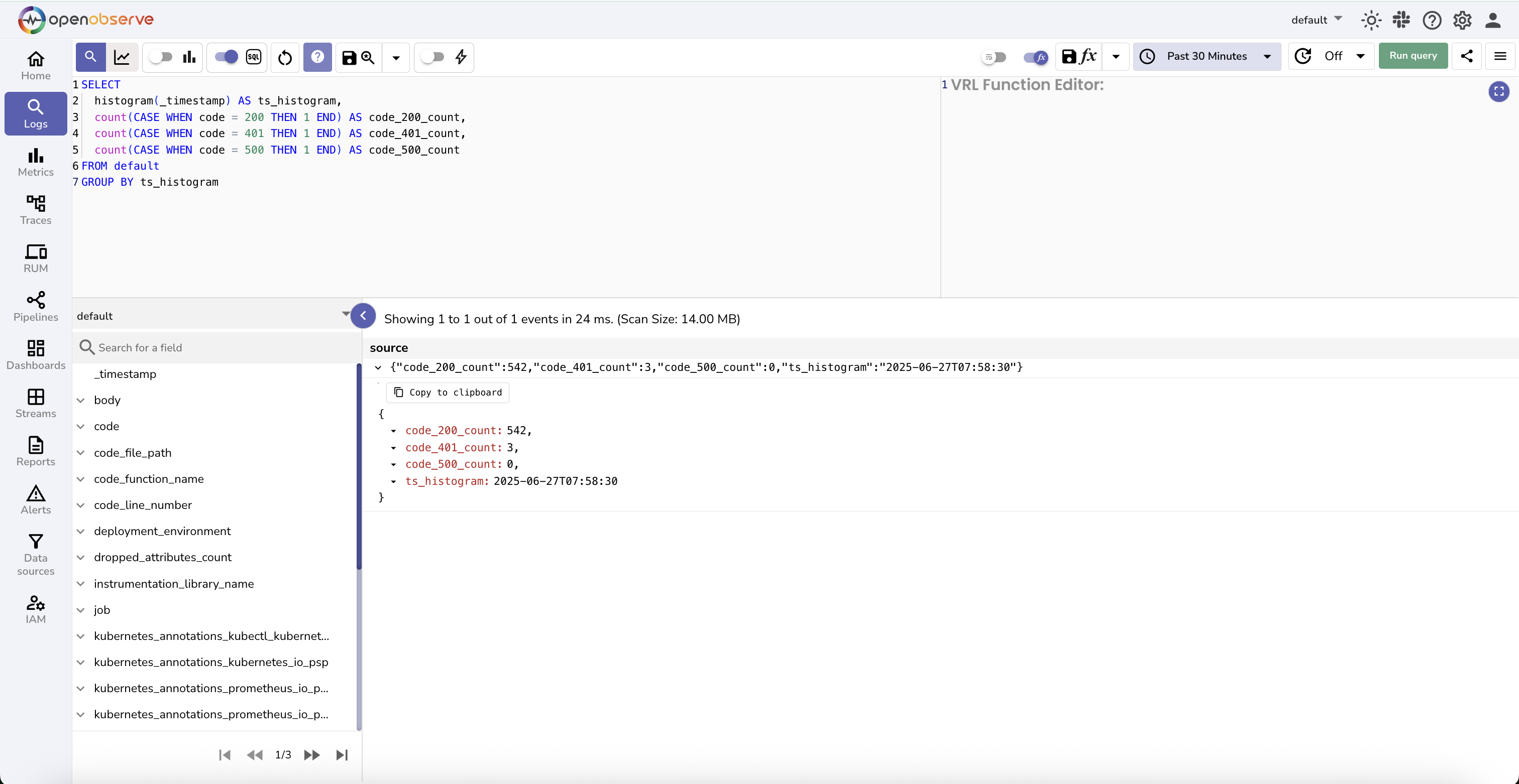 Histogram of log timestamps