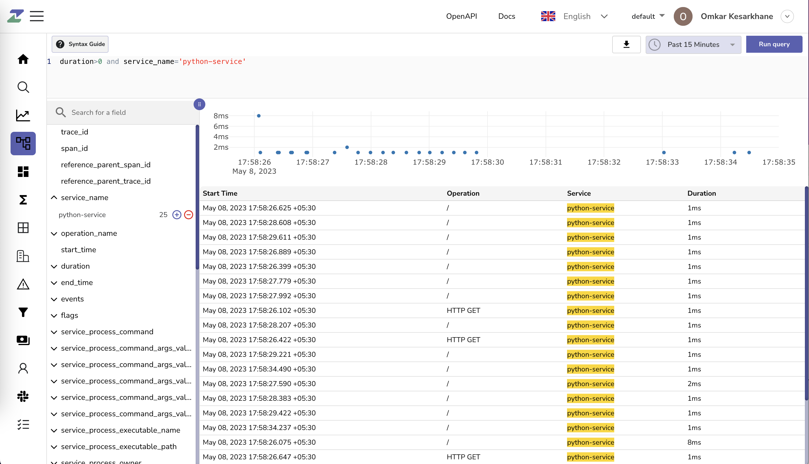 Filter traces with service name