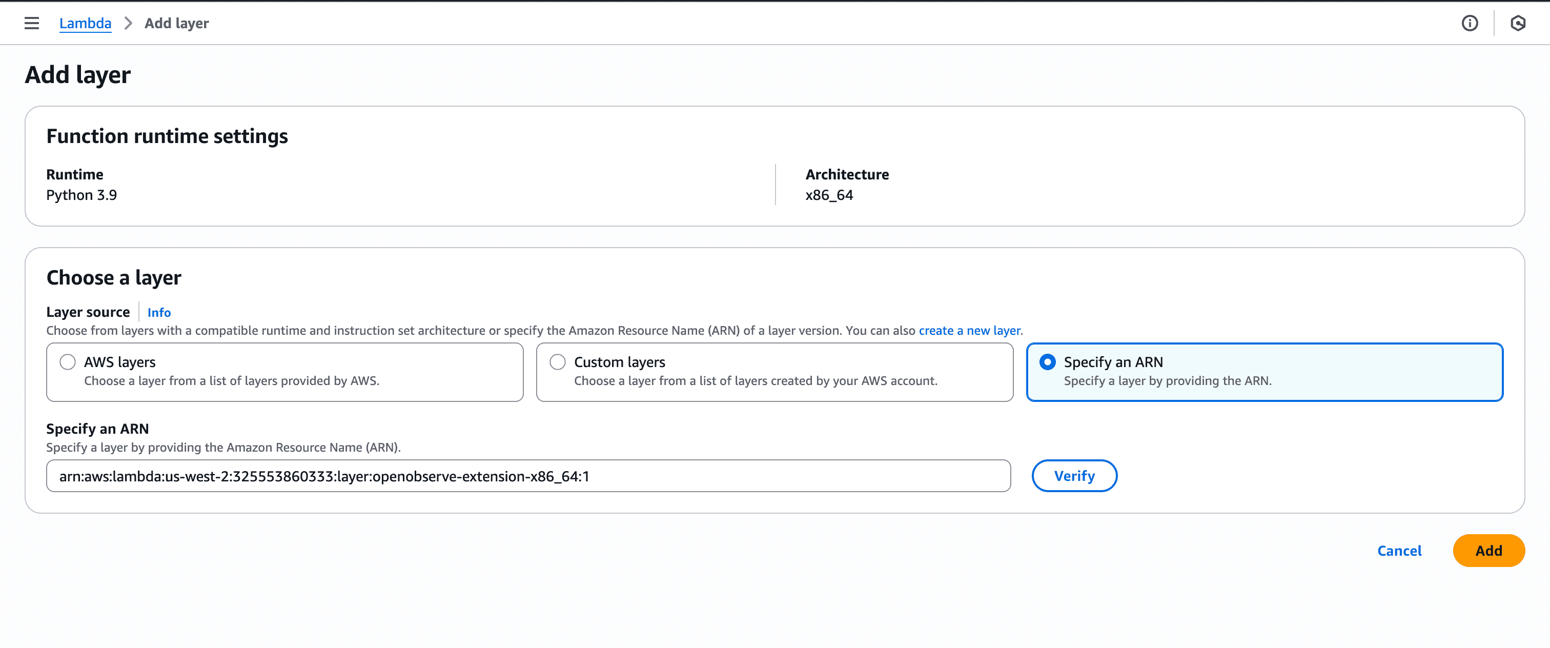 Add OpenObserve Lambda Extension Layer