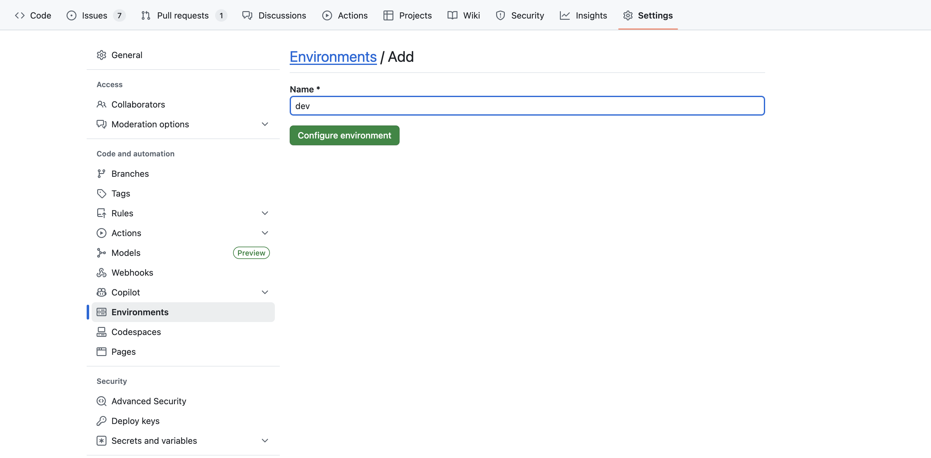 Create GitHub Environment