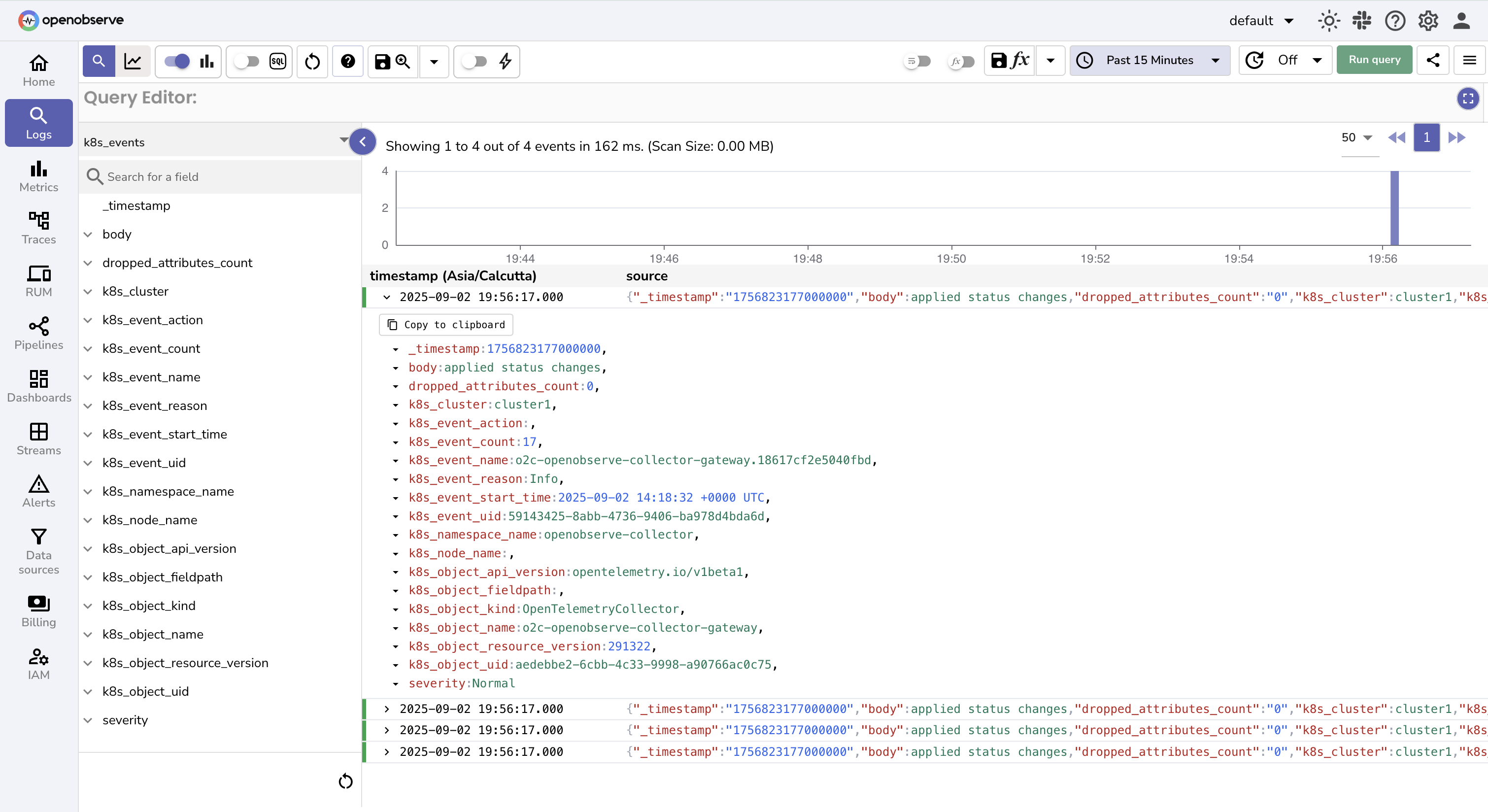 K8s event logs in Openobserve